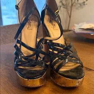 Yves Saint Laurent Black and Gold Strappy Platform Heels